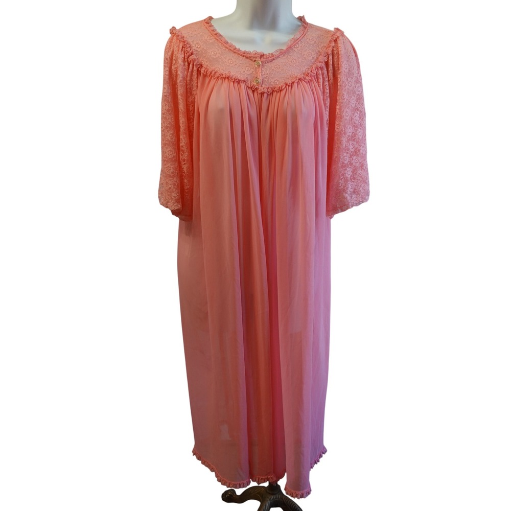 Vtg 1950s Coral Pink Lace Nightgown Robe‎ Sheer Nylon Maxi Coquette Romantic OS